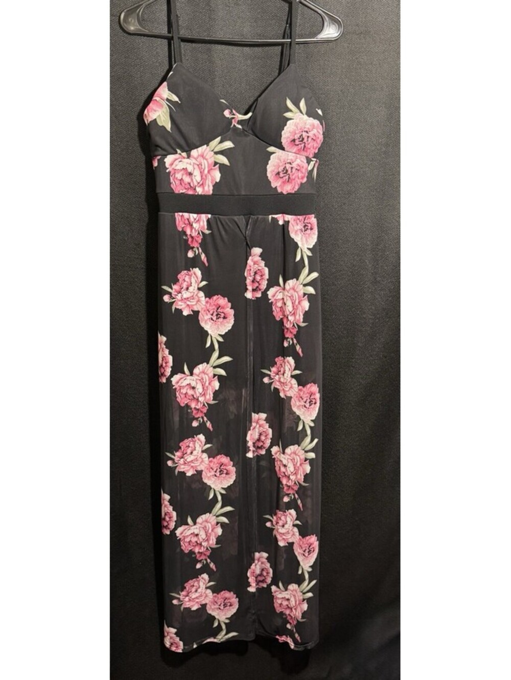 No Boundaries Juniors L 11-13 Black Pink Floral Walk-Through Maxi Romper